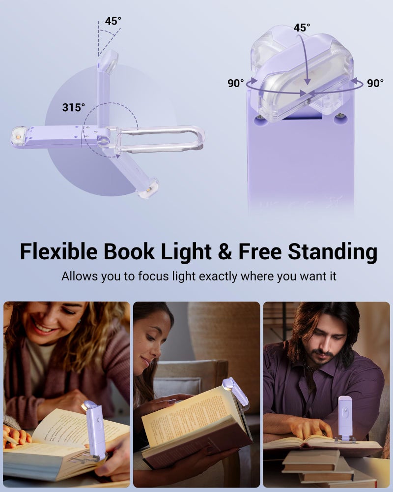 DEWENWILS USB Rechargeable Book Light for Reading in Bed, Clip-on LED Reading Lamps Portable Bookmark Lights for Kids, Book Lovers, Warm White, Brightness Adjustable for Eye Protection (Purple) - Image 4