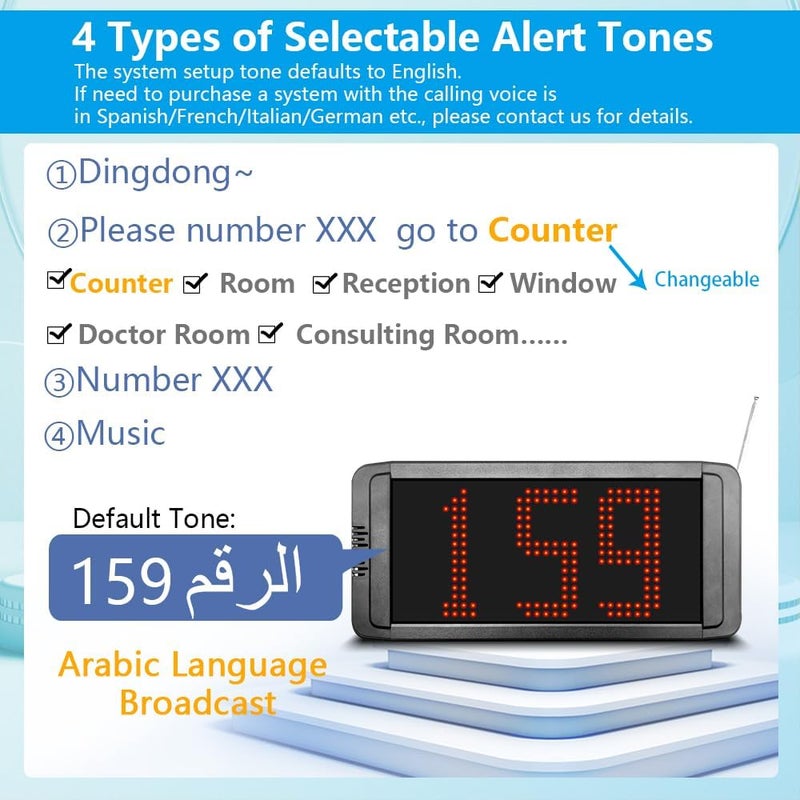 CYSSJF 【Arabic Voice】Wireless Queue Calling System - Take a Number Pager System with 2 Digital Displays & 1 Keypad for Restaurants, Hospital Clinic, Bank, Government Service Waiting Line Managemen - Image 5