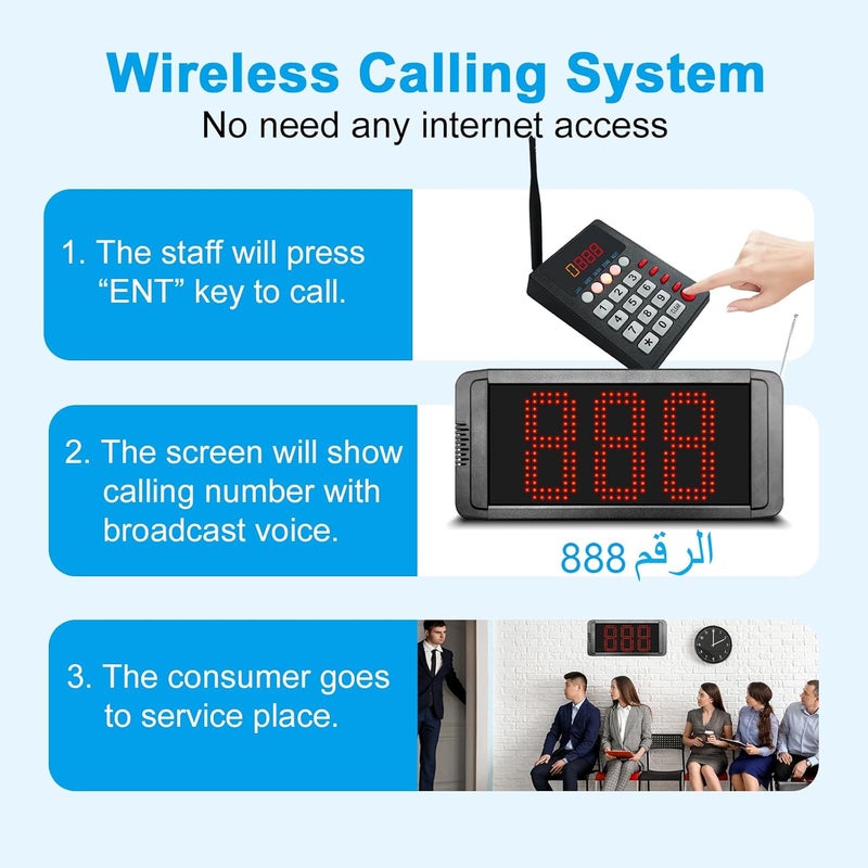CYSSJF 【Arabic Voice】Wireless Queue Calling System - Take a Number Pager System with 2 Digital Displays & 1 Keypad for Restaurants, Hospital Clinic, Bank, Government Service Waiting Line Managemen - Image 2
