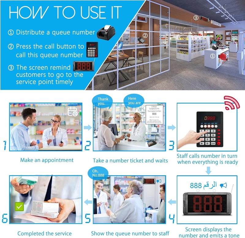 CYSSJF 【Arabic Voice】Wireless Queue Calling System - Take a Number Pager System with 2 Digital Displays & 1 Keypad for Restaurants, Hospital Clinic, Bank, Government Service Waiting Line Managemen - Image 3
