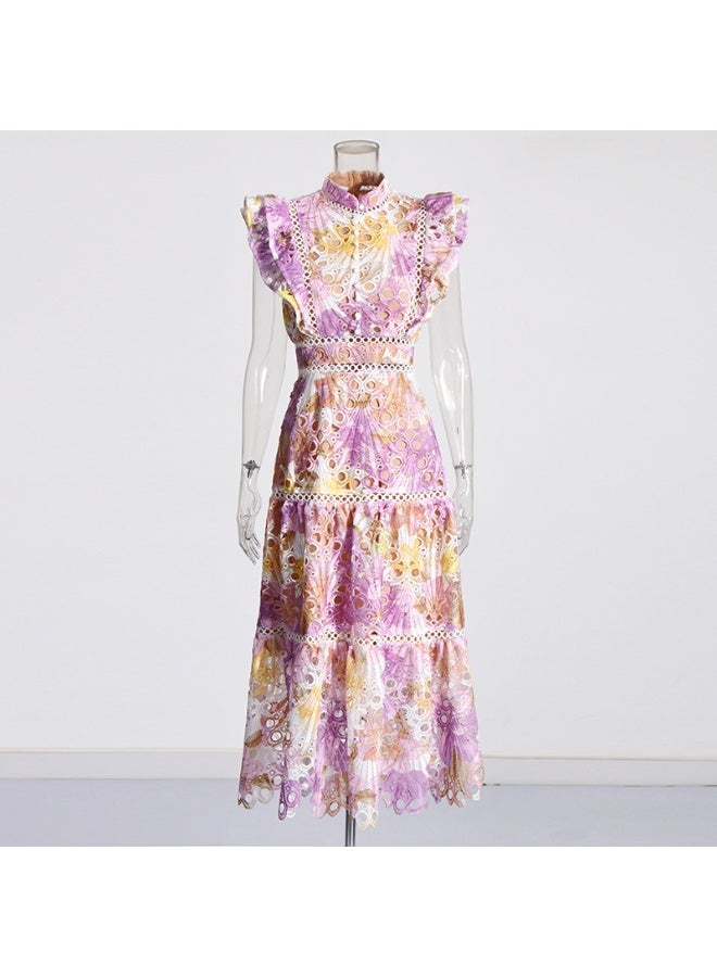 Madam Uniq Elegant French Long Dress with Stand Collar, Lace Sleeveless Design and Hollow Embroidery Details  - Image 2