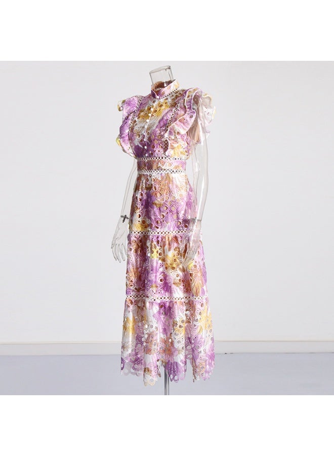 Madam Uniq Elegant French Long Dress with Stand Collar, Lace Sleeveless Design and Hollow Embroidery Details  - Image 3