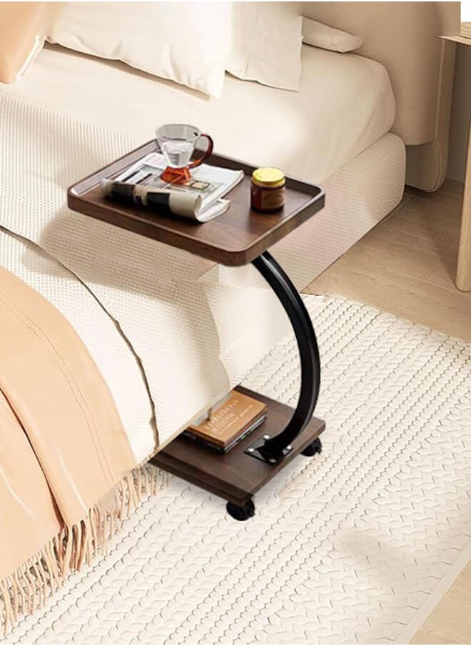 Ominii - Rolling Wooden Tray Table with Wheels – C-Shaped Sofa Side Table for Laptop, Coffee & Snacks, Easy to Move, Compact Design for Living Room & Bedroom - Image 1