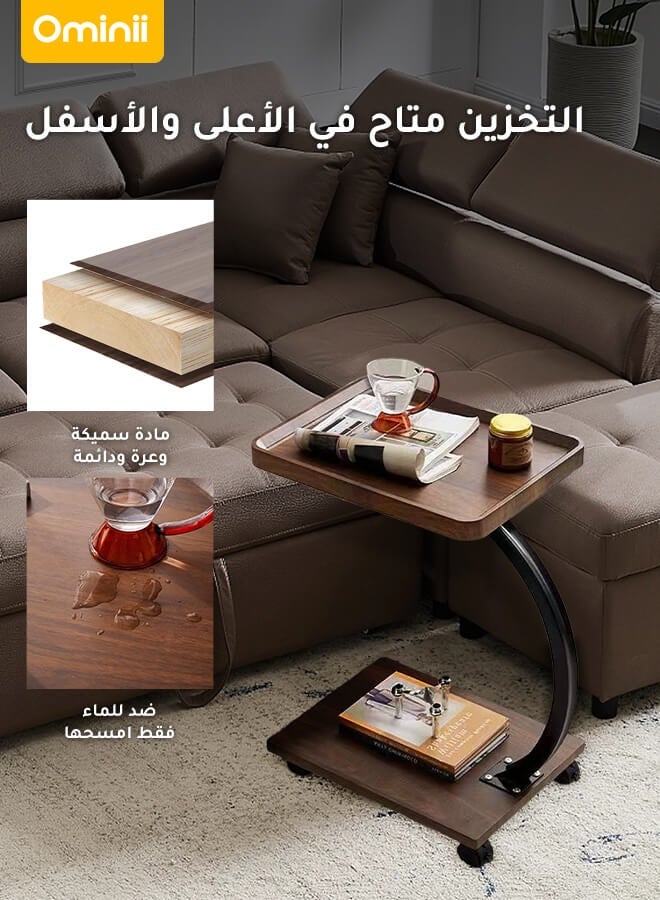 Ominii Rolling Wooden Tray Table with Wheels – C-Shaped Sofa Side Table for Laptop, Coffee & Snacks, Easy to Move, Compact Design for Living Room & Bedroom - Image 4