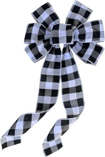 GiftWrap Etc Buffalo Plaid Christmas Wreath Bow - 10" Wide, 18" Long Pre-Tied Bow, Black and White Checkers, Door Decor, Swag, Wreath, Garland, Winter - Image 1