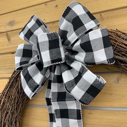 GiftWrap Etc Buffalo Plaid Christmas Wreath Bow - 10" Wide, 18" Long Pre-Tied Bow, Black and White Checkers, Door Decor, Swag, Wreath, Garland, Winter - Image 5