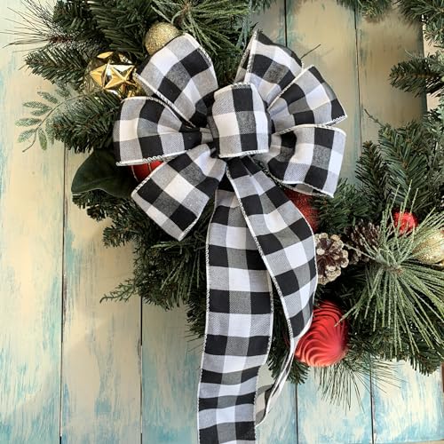 GiftWrap Etc Buffalo Plaid Christmas Wreath Bow - 10" Wide, 18" Long Pre-Tied Bow, Black and White Checkers, Door Decor, Swag, Wreath, Garland, Winter - Image 4