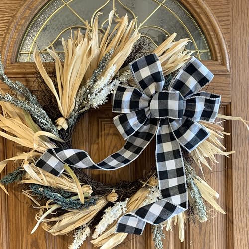 GiftWrap Etc Buffalo Plaid Christmas Wreath Bow - 10" Wide, 18" Long Pre-Tied Bow, Black and White Checkers, Door Decor, Swag, Wreath, Garland, Winter - Image 3