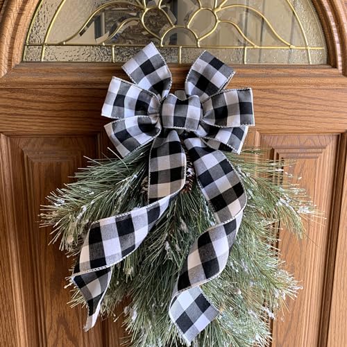 GiftWrap Etc Buffalo Plaid Christmas Wreath Bow - 10" Wide, 18" Long Pre-Tied Bow, Black and White Checkers, Door Decor, Swag, Wreath, Garland, Winter - Image 2