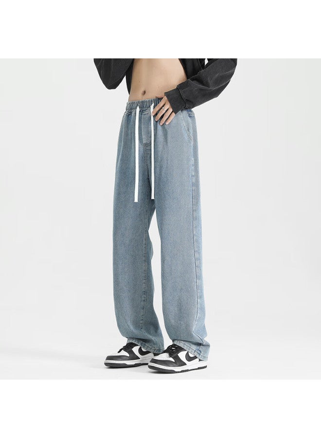 Izexx Solid Color Simple Denim Jeans Men Autumn Winter American Style Straight Casual Loose High Waist Long Pants Hs19 Medium Blue 2XL - Image 1
