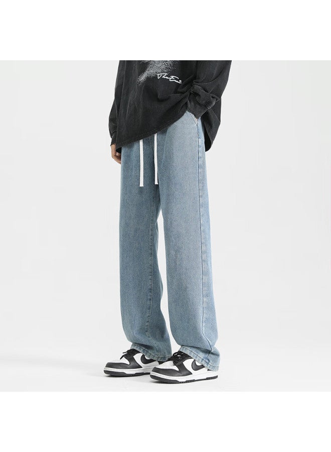 Izexx Solid Color Simple Denim Jeans Men Autumn Winter American Style Straight Casual Loose High Waist Long Pants Hs19 Medium Blue 2XL - Image 3