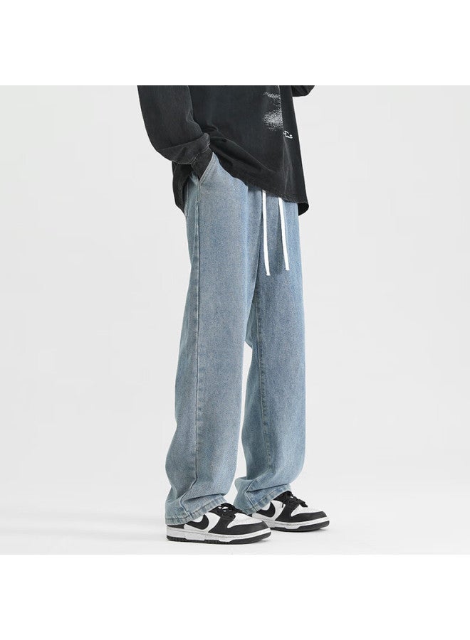 Izexx Solid Color Simple Denim Jeans Men Autumn Winter American Style Straight Casual Loose High Waist Long Pants Hs19 Medium Blue 2XL - Image 2