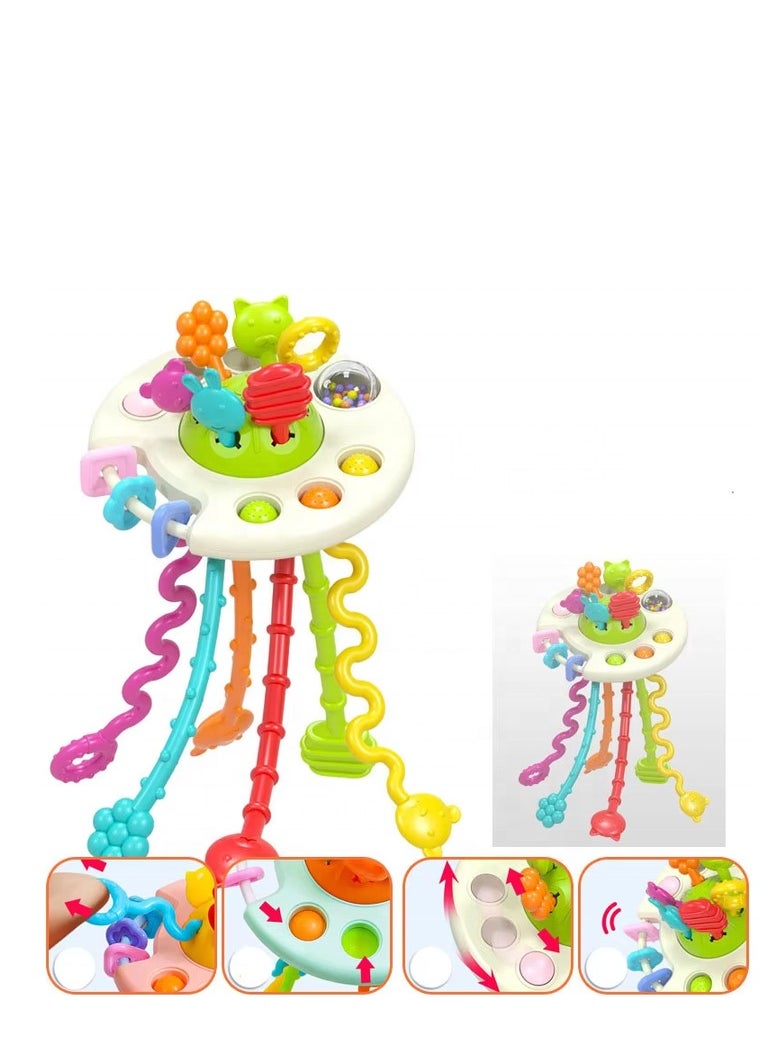 Interactive game to develop children's skills - sensory rope pulling game with multi-colored activities