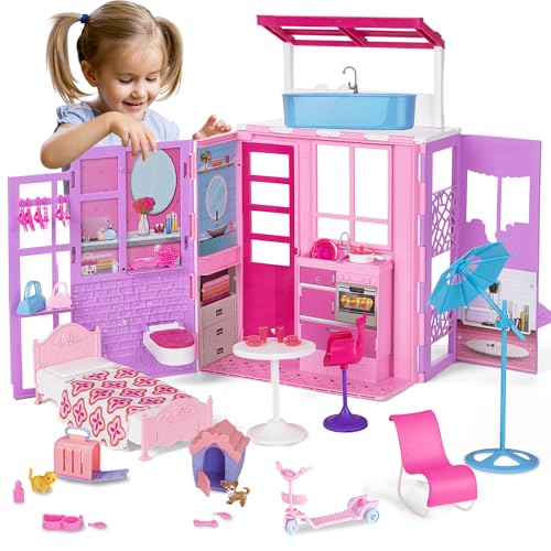 Bettina Doll House for 115inch Dolls 2Story Foldable Dollhouse with 37 pcs Furnitures Accessories Playhouse with Pet House Gifts for Girls Kids Toddlers - Image 1