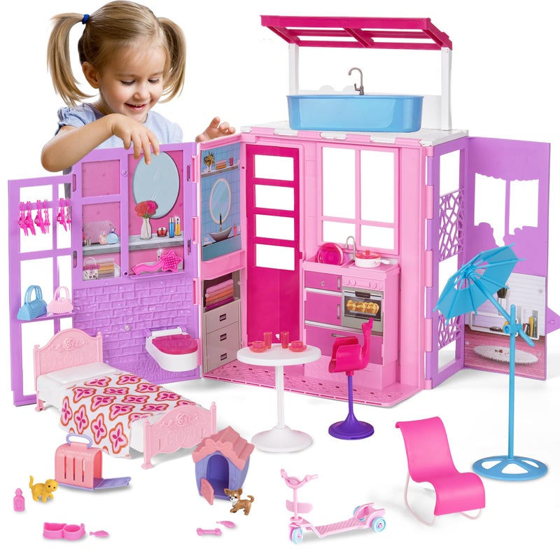 Bettina Doll House for 115inch Dolls 2Story Foldable Dollhouse with 37 pcs Furnitures Accessories Playhouse with Pet House Gifts for Girls Kids Toddlers - Image 3