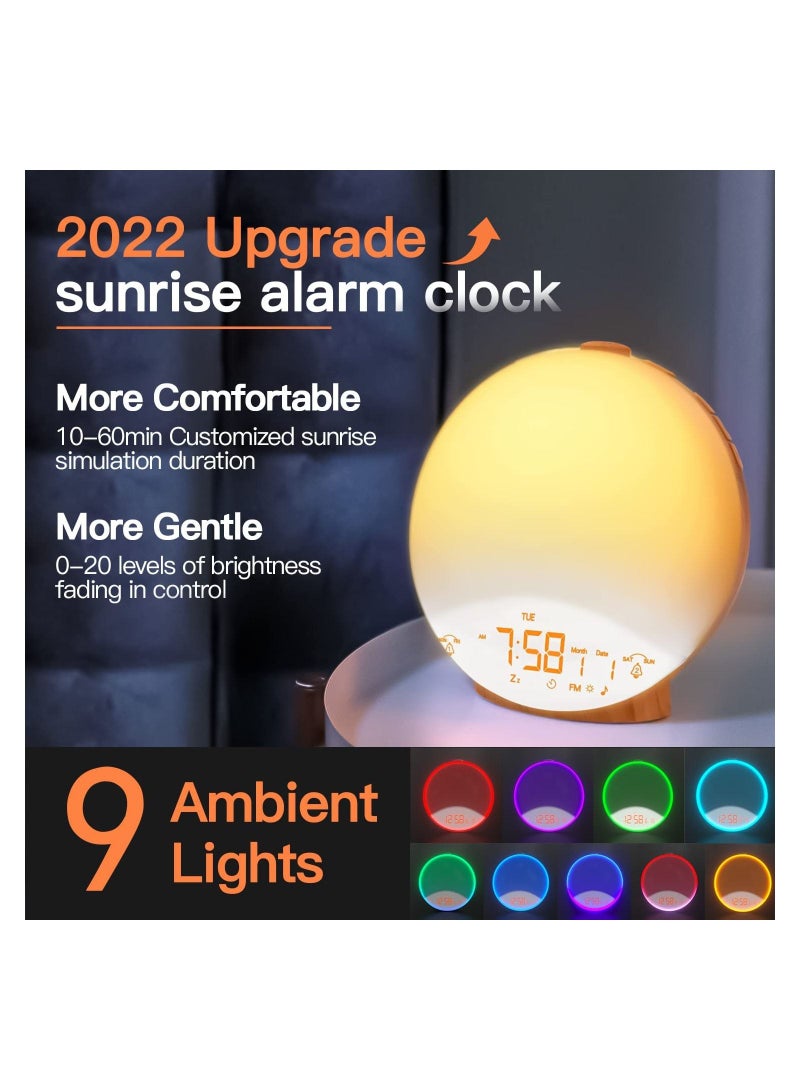 Sunrise Alarm Clock Wake Up Light with Gradually Fading-in Sunrise and Sunset Simulation, FM Radio, Dual Alarms, 7 Natural Sounds, 9 Colors (Wood Grain)