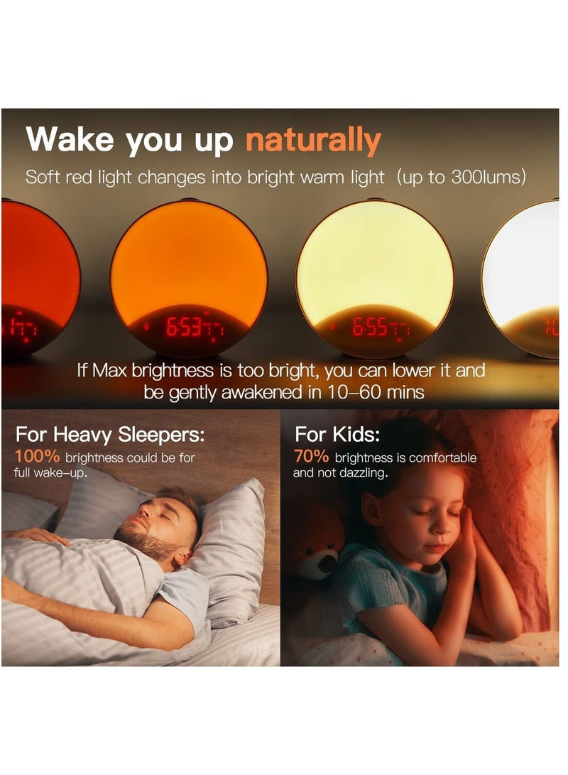 Sunrise Alarm Clock Wake Up Light with Gradually Fading-in Sunrise and Sunset Simulation, FM Radio, Dual Alarms, 7 Natural Sounds, 9 Colors (Wood Grain)