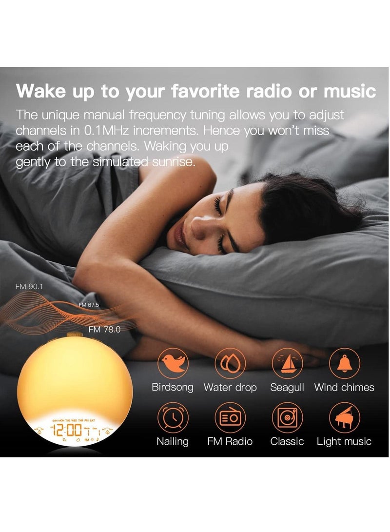 Sunrise Alarm Clock Wake Up Light with Gradually Fading-in Sunrise and Sunset Simulation, FM Radio, Dual Alarms, 7 Natural Sounds, 9 Colors (Wood Grain)