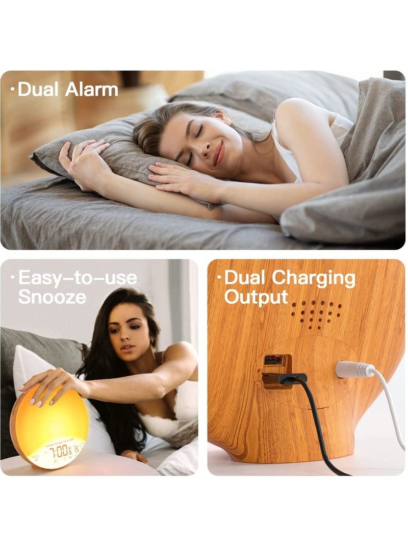 Sunrise Alarm Clock Wake Up Light with Gradually Fading-in Sunrise and Sunset Simulation, FM Radio, Dual Alarms, 7 Natural Sounds, 9 Colors (Wood Grain)