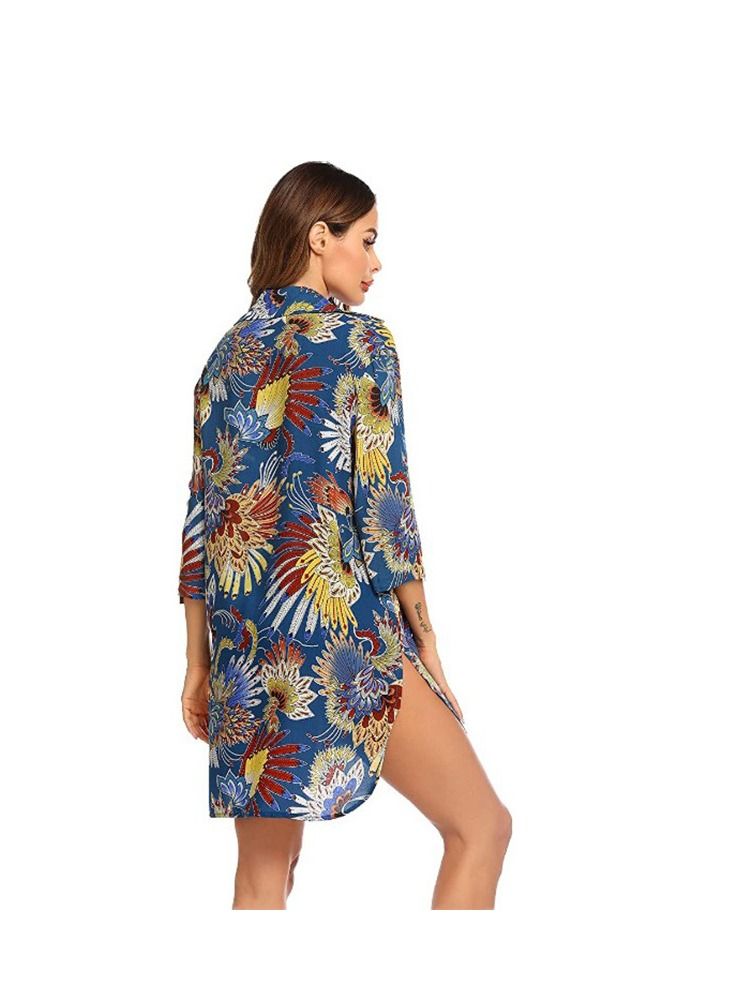 Loquat Swimsuit Beach Cover Up Shirt Bikini Beachwear Suit Beach Dress Blue - Image 2
