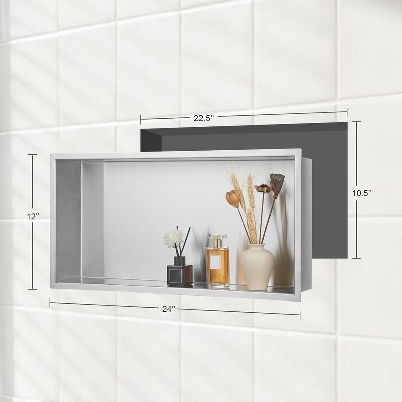 LBTBDBN 24x12x4 Inch Brushed Nickel Shower Niche, No Tile Needed Recessed Wall Niche for Bathroom Storage, Stainless Steel Shower Shelf Insert Tile Ready, Brushed Nickel Shower Shelves - Image 3