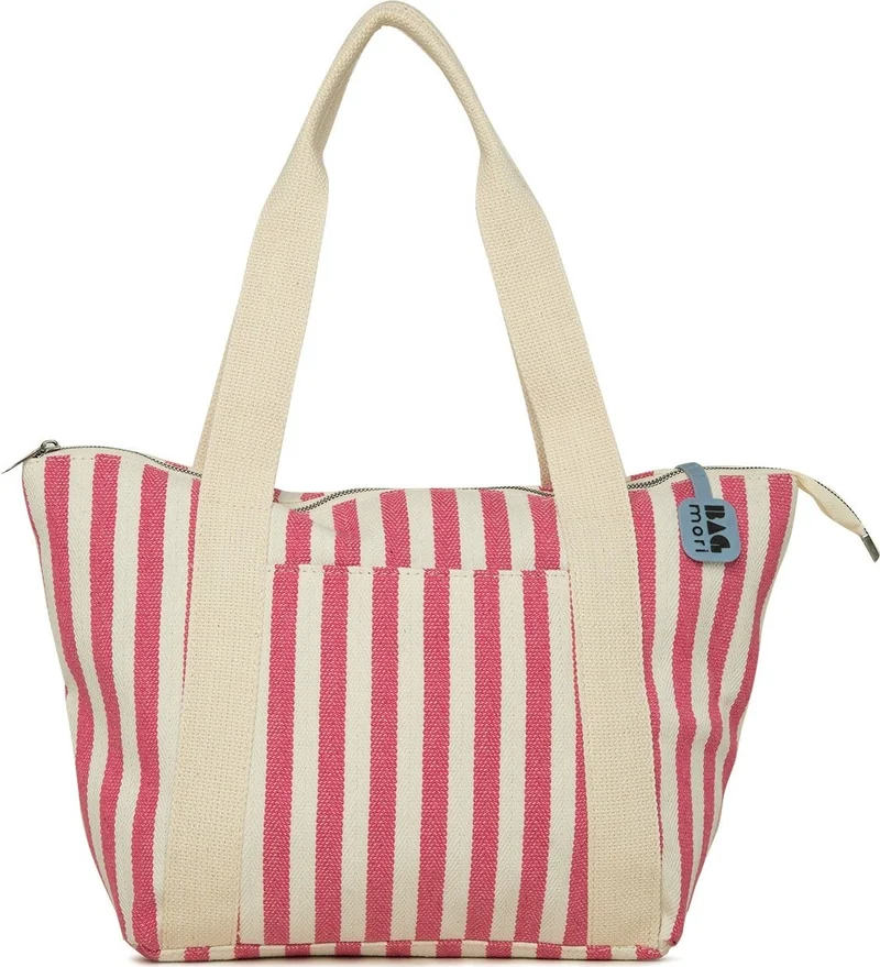 باجموري Striped Tote Beach Bag with Pink Stripe