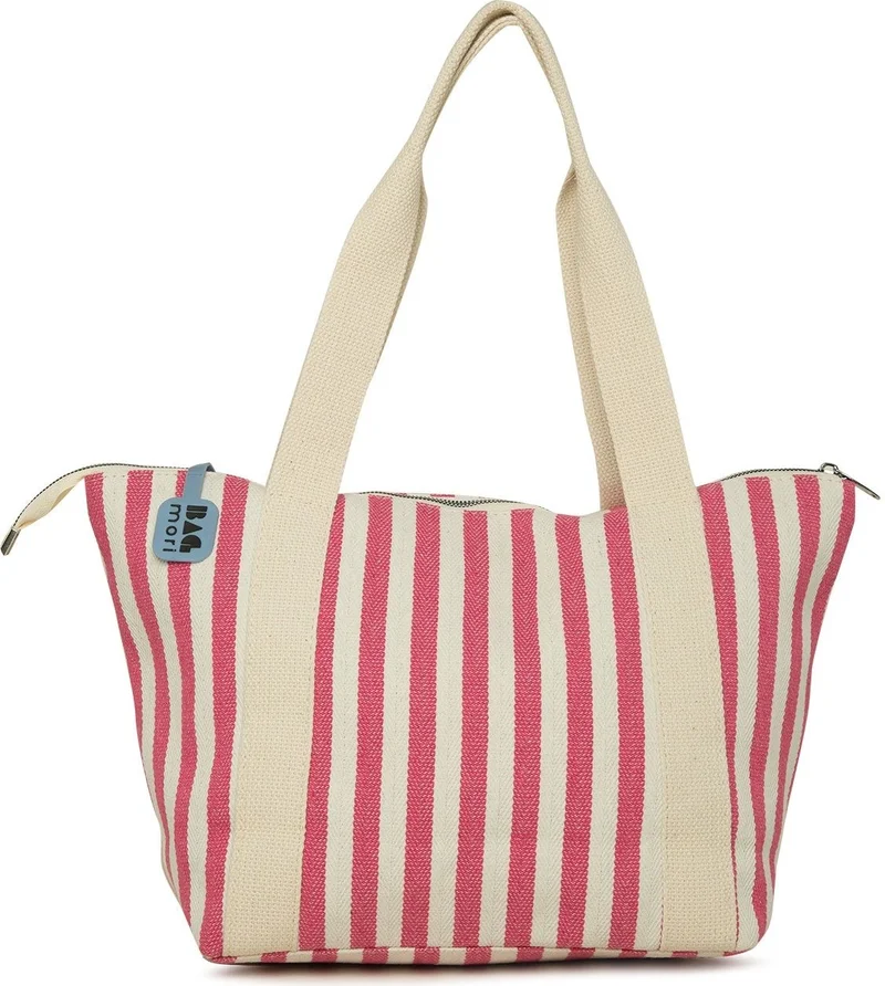 باجموري Striped Tote Beach Bag with Pink Stripe