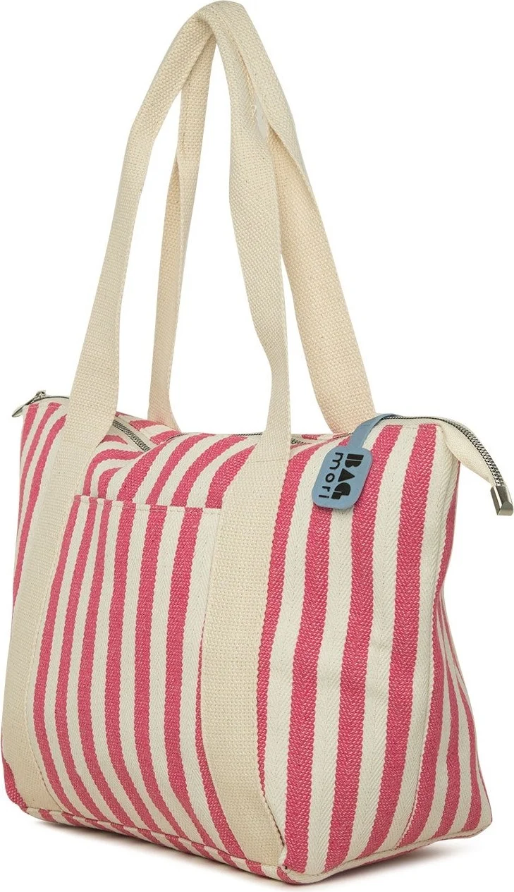 باجموري Striped Tote Beach Bag with Pink Stripe