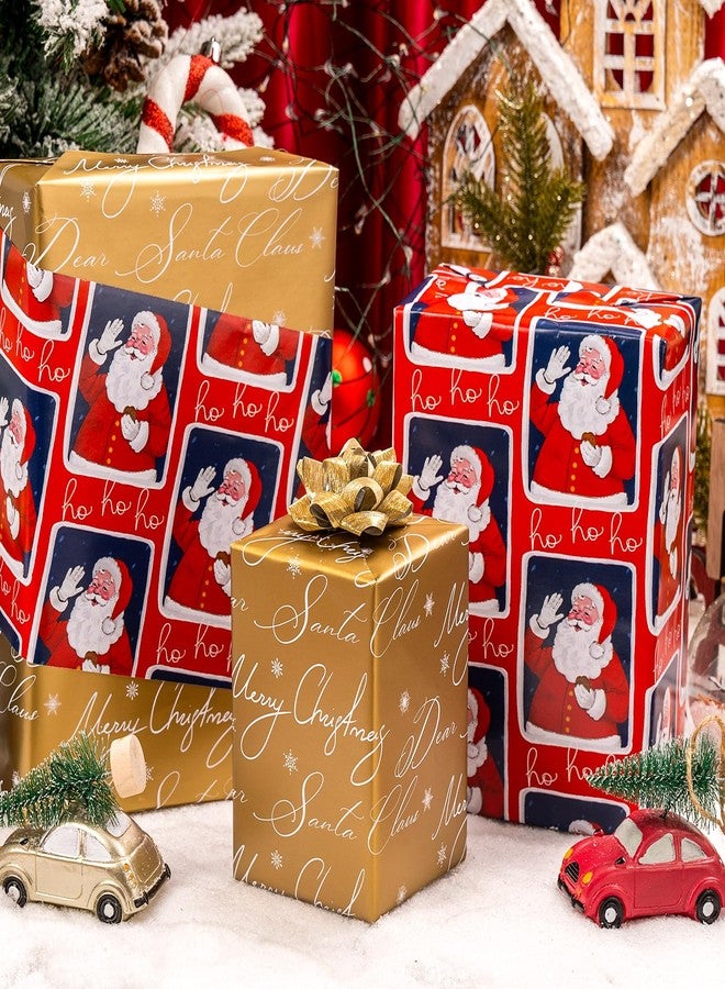 MAYPLUSS Vintage Christmas Santa Wrapping Paper Roll - 17 Inch X 33 Feet - Reversible Red Festive Season's Greetings Santa Holiday Christmas Gift Wrap Thick Paper for Holiday, Birthday, New Year - Image 2