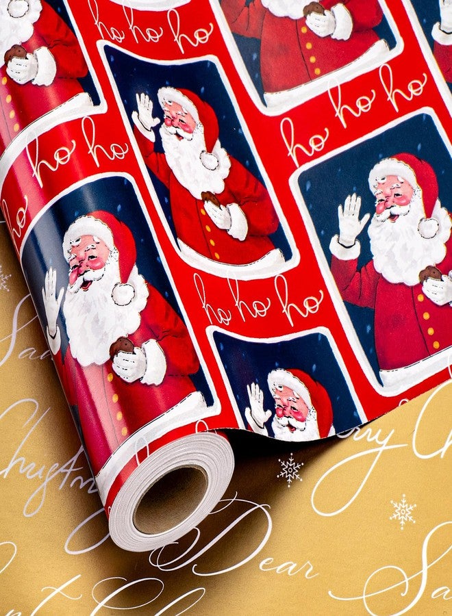 MAYPLUSS Vintage Christmas Santa Wrapping Paper Roll - 17 Inch X 33 Feet - Reversible Red Festive Season's Greetings Santa Holiday Christmas Gift Wrap Thick Paper for Holiday, Birthday, New Year - Image 1