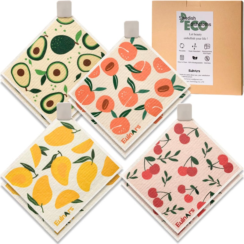 Eulnars Swedish Dishcloths for Kitchen, 8 Pack Reusable Paper Towels with Clips, Non-Scratch Swedish Kitchen Towels, Super Absorbent Cellulose Sponge Cloths, Dishwasher Safe, No Odor - Image 1