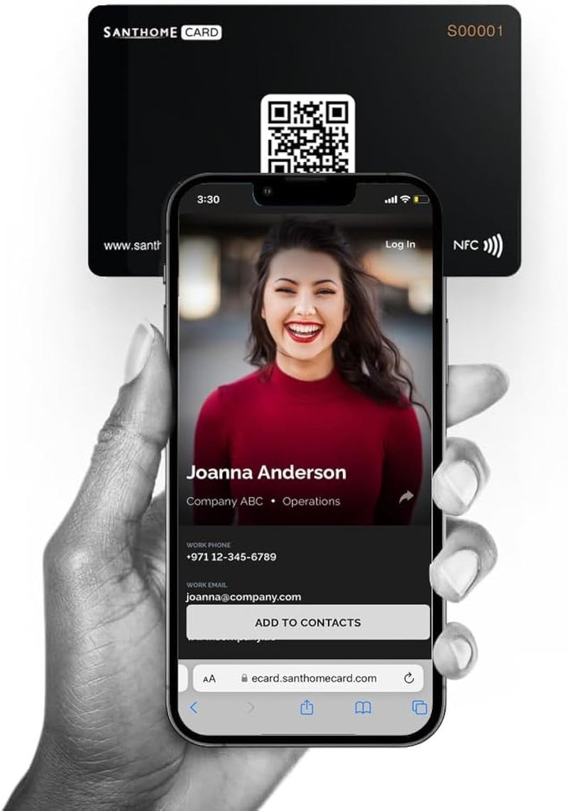 سانثوم بطاقة الأعمال الرقمية | بطاقة أعمال ذكية NFC نقرة + مسح رمز الاستجابة السريعة للاتصال الفوري، متوافقة مع iOS وAndroid بدون تثبيت تطبيق (متوافقة مع اللائحة العامة لحماية البيانات) (عبوة من 1، أسود) - Image 1
