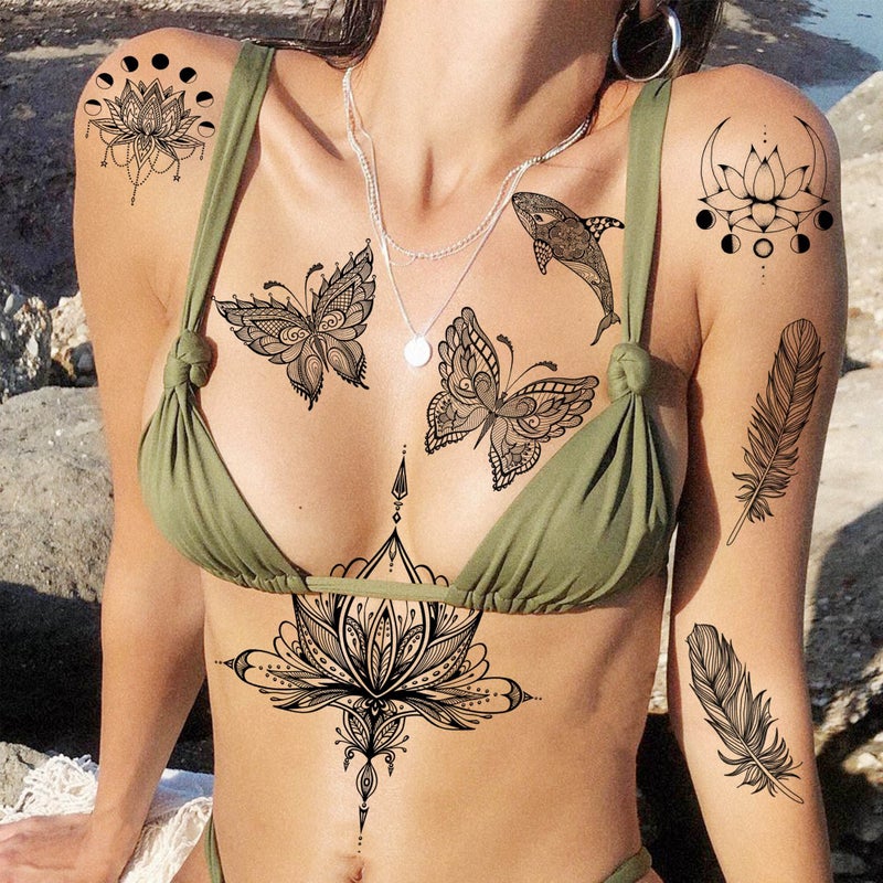 Bilizar 32 Sheets 89+ PCS Black Lotus Temporary Tattoos For Women Hands Adults Underboob, Tribal Indian Elephant Skull Snake Fake Tattoos, Bulk Bohemia Butterfly Tattoo Kit Sets Mandala Flower Moon - Image 4