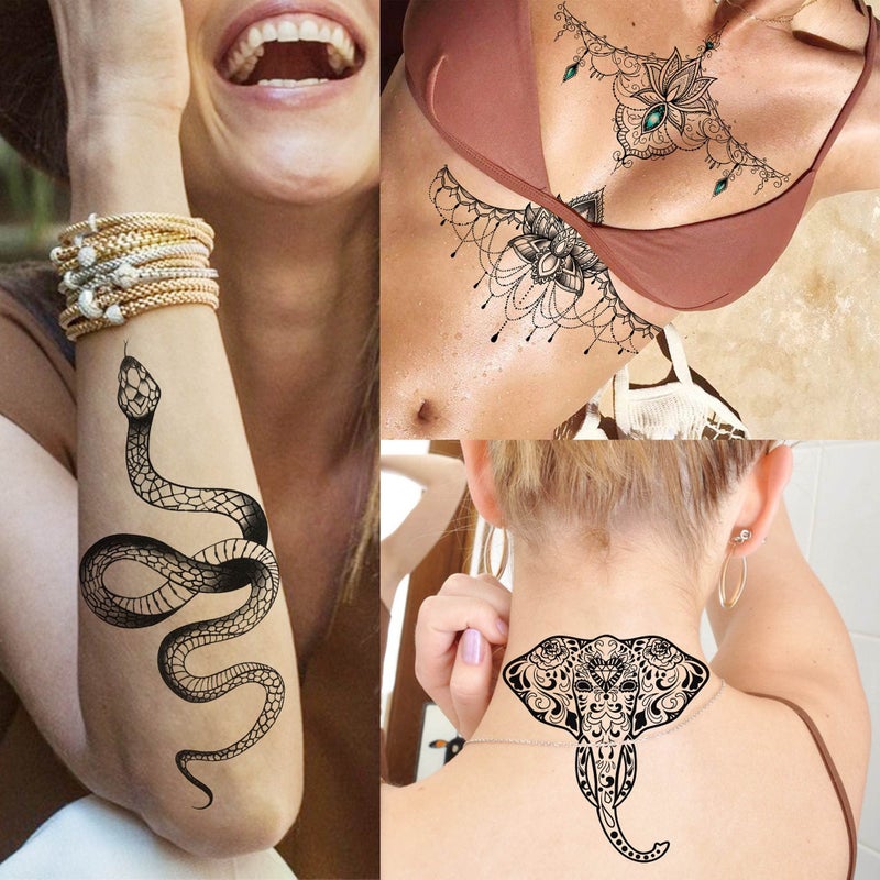 Bilizar 32 Sheets 89+ PCS Black Lotus Temporary Tattoos For Women Hands Adults Underboob, Tribal Indian Elephant Skull Snake Fake Tattoos, Bulk Bohemia Butterfly Tattoo Kit Sets Mandala Flower Moon - Image 3