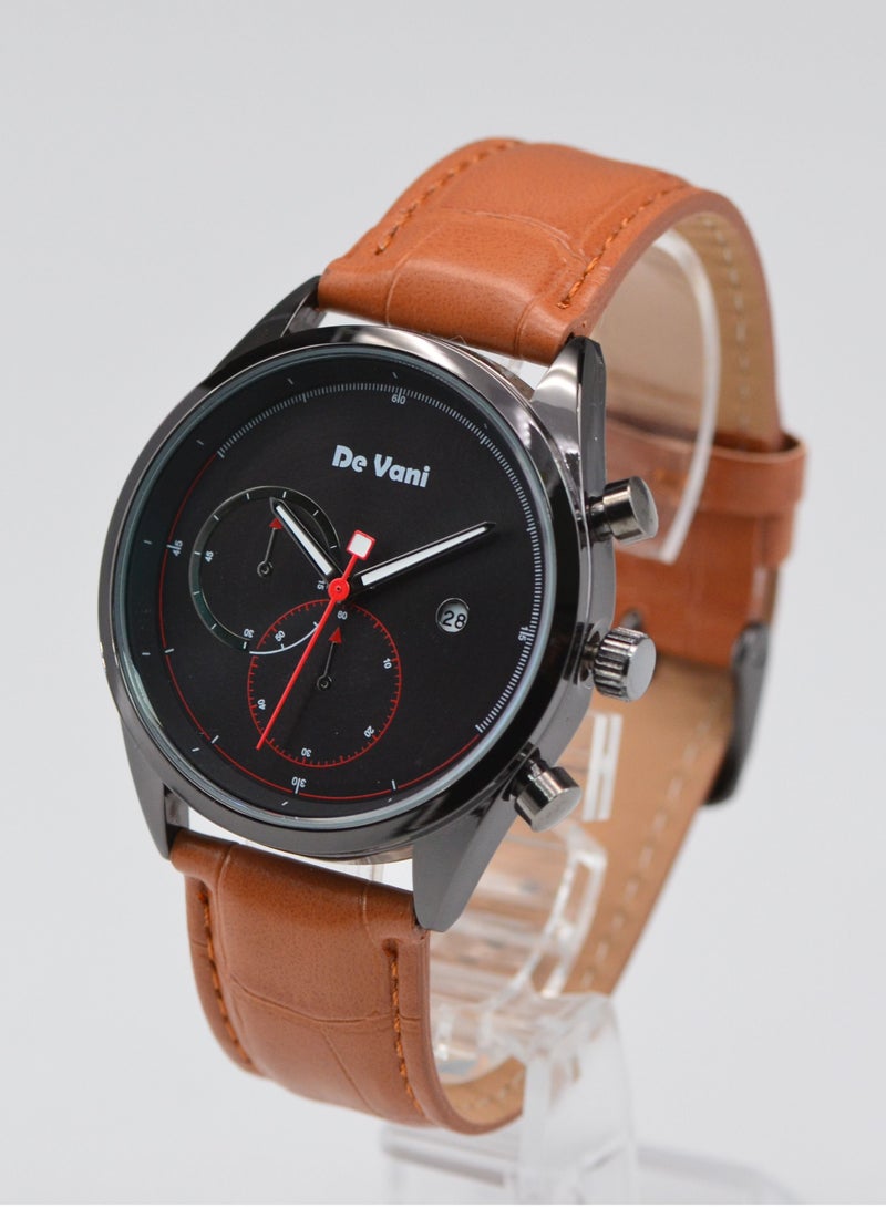 De Vani Men Wrist Watch Black Dial Brown PU Leather Band  - Image 2