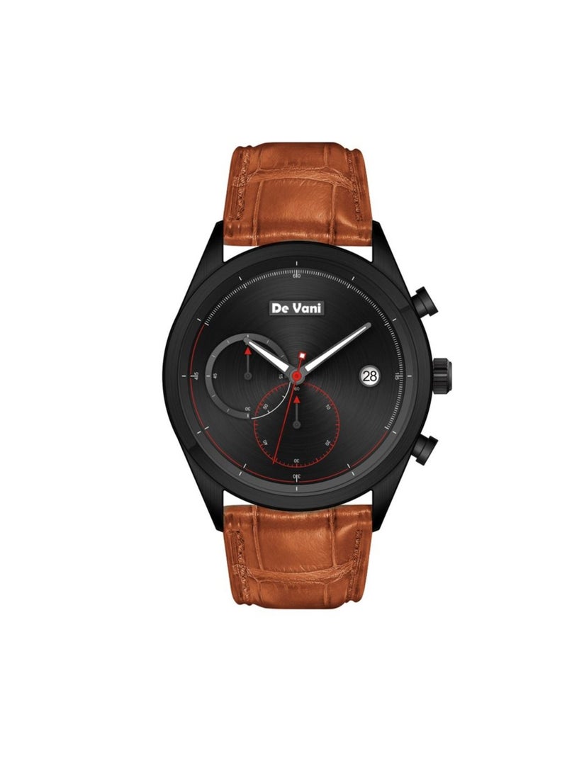 De Vani Men Wrist Watch Black Dial Brown PU Leather Band  - Image 1