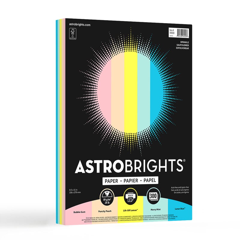Astrobrights Color Paper, 8.5" x 11", 24 lb/89 gsm, Sprinkle 5-Color Assortment, 300 Sheets (94000) - Image 1