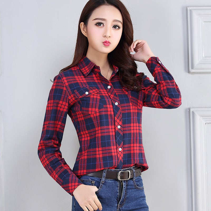 Plaid shirt long sleeve 2024 spring and summer New plus size students Korean version loose suit shirt sunscreen coat Red Blue - Image 1