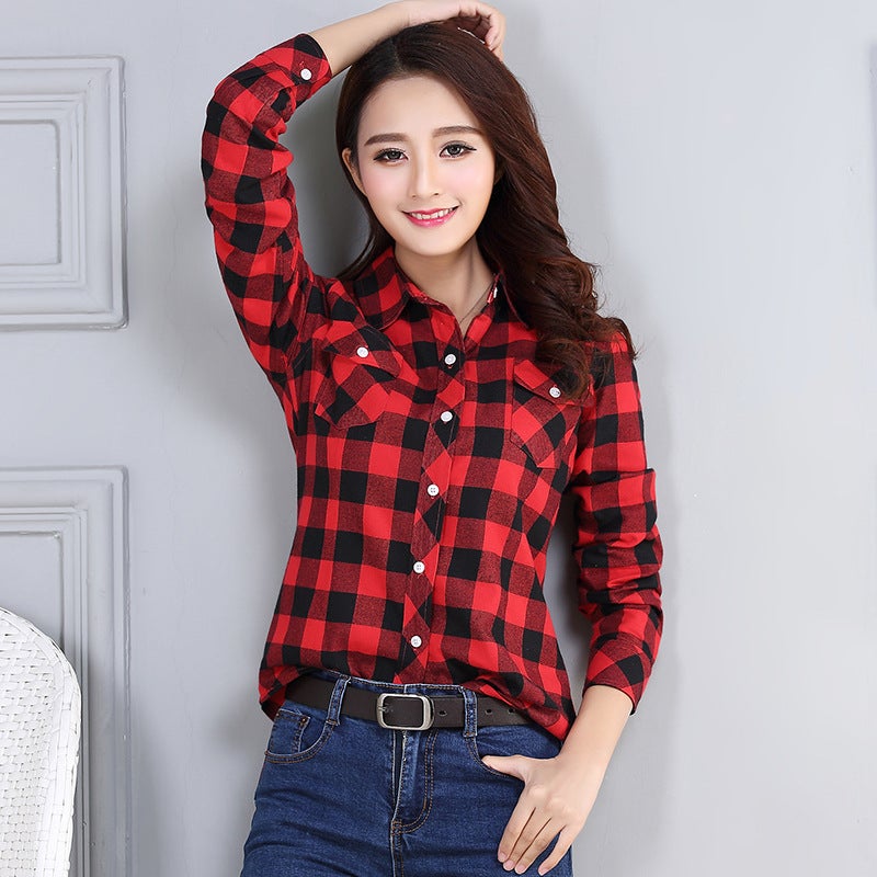 Plaid shirt long sleeve 2024 spring and summer New plus size students Korean version loose suit shirt sunscreen coat Red Blue - Image 4