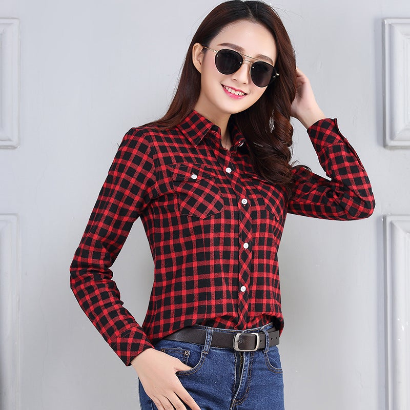 Plaid shirt long sleeve 2024 spring and summer New plus size students Korean version loose suit shirt sunscreen coat Red Blue - Image 5