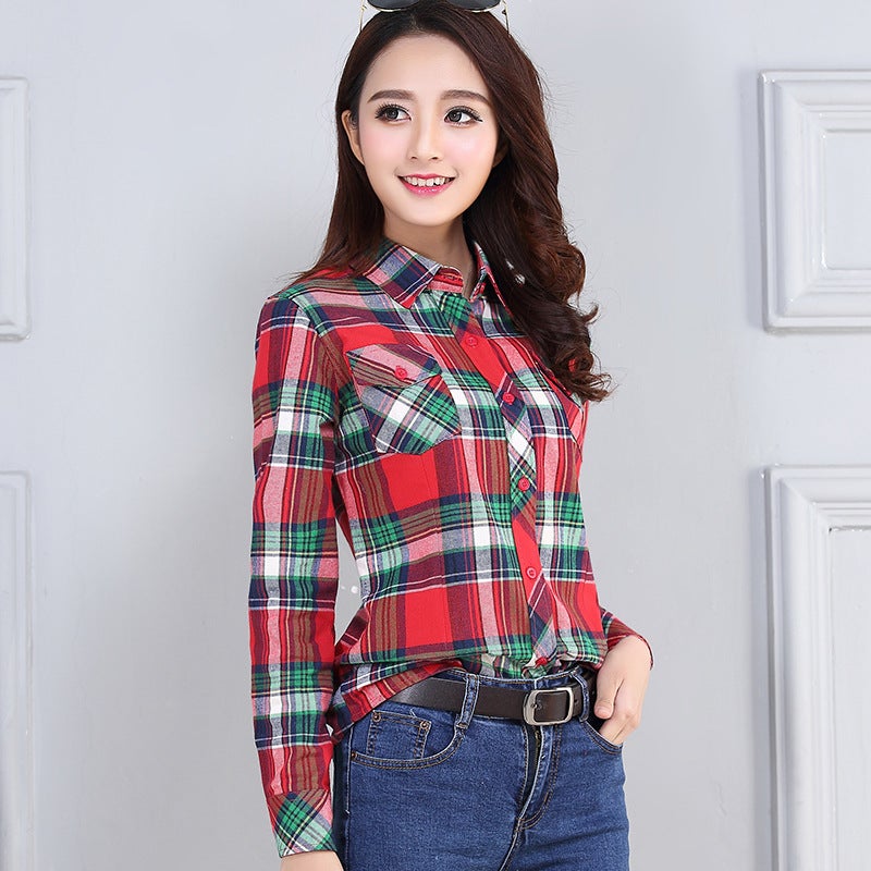 Plaid shirt long sleeve 2024 spring and summer New plus size students Korean version loose suit shirt sunscreen coat Red Blue - Image 2