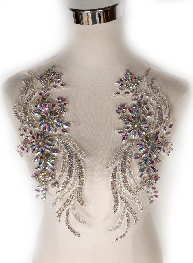 Labellezalady 1 Pair Hand-Made Beaded Rhinestons DIY Clothing Appliques Patch,14.5" *4.7" Wedding Dress Decoration,AB Color Multicolor Malti Flower Applique by Pair (Multicolor) - Image 1