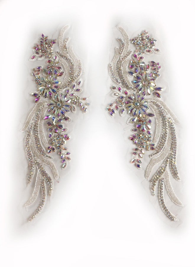 Labellezalady 1 Pair Hand-Made Beaded Rhinestons DIY Clothing Appliques Patch,14.5" *4.7" Wedding Dress Decoration,AB Color Multicolor Malti Flower Applique by Pair (Multicolor) - Image 2