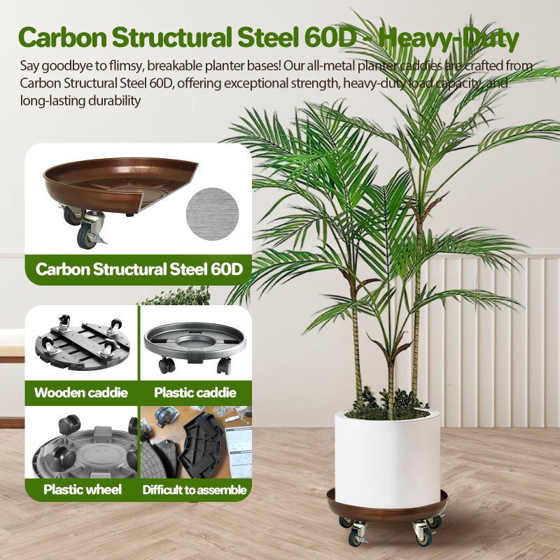 Parsagi Plant Saucer 12" Rolling Plant Caddy Rolling Plant Stand with Wheels â€“ Heavy Duty Metal, Locking, Sturdy, Rust-Resistant Finish, and Easy to Move, 310 lb Capacity - Image 2