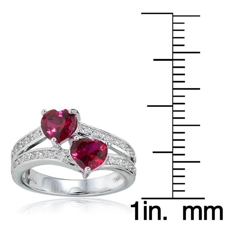 Ice Gems Sterling Silver Created Ruby and White Topaz Double Heart Friendship Ring, Size 6 - Image 3