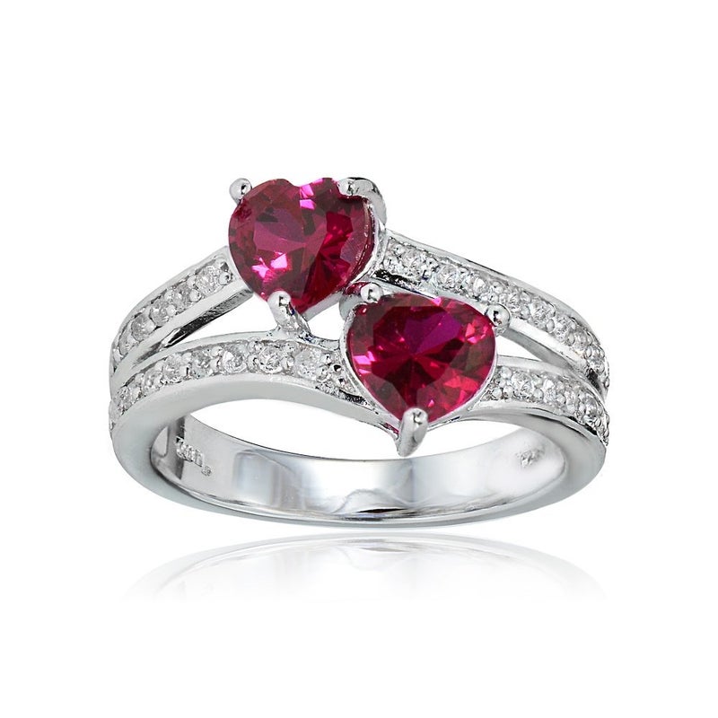 Ice Gems Sterling Silver Created Ruby and White Topaz Double Heart Friendship Ring, Size 6 - Image 1