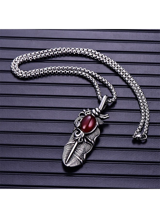 بيوند قلادة بقلادة على شكل ريشة، قلادة من الفولاذ المقاوم للصدأ مقاومة للصدأ والبهتان، هدية عصرية للرجال (فضي + أحمر) - Image 4