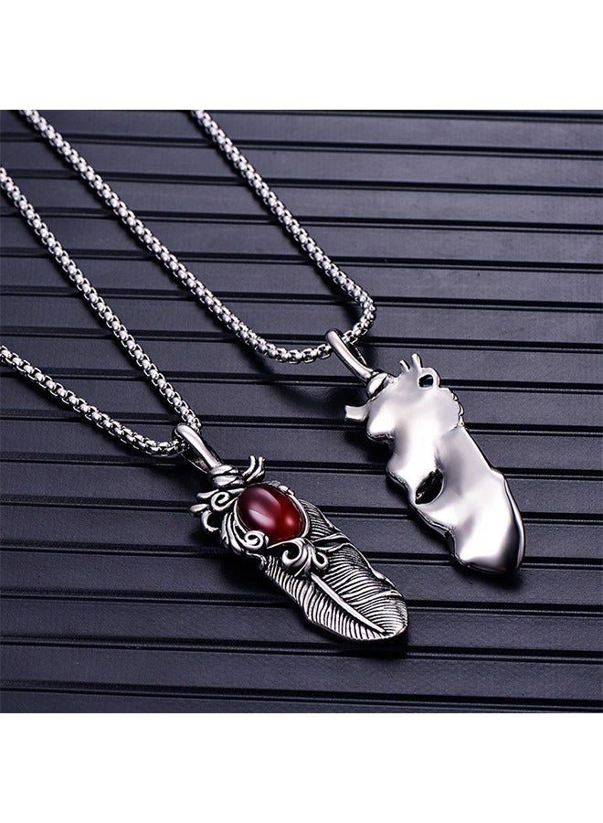 بيوند قلادة بقلادة على شكل ريشة، قلادة من الفولاذ المقاوم للصدأ مقاومة للصدأ والبهتان، هدية عصرية للرجال (فضي + أحمر) - Image 3