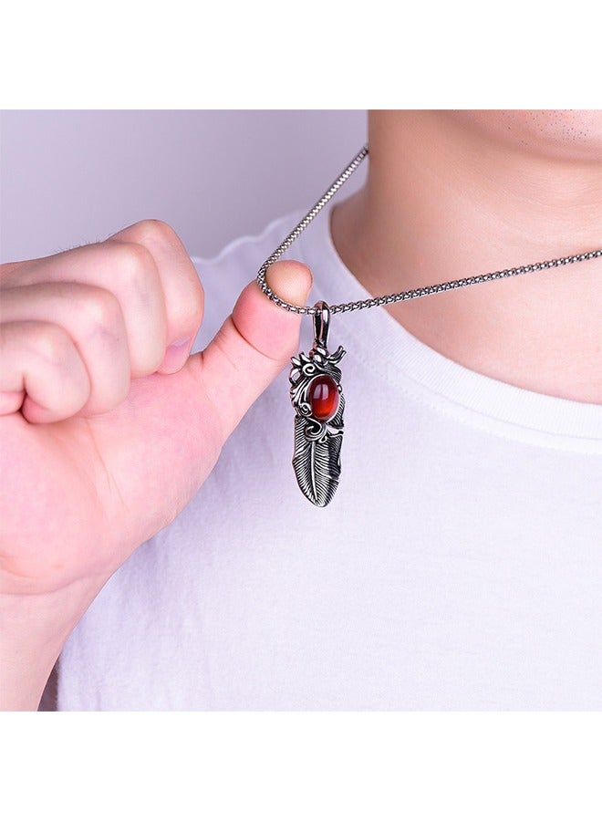 بيوند قلادة بقلادة على شكل ريشة، قلادة من الفولاذ المقاوم للصدأ مقاومة للصدأ والبهتان، هدية عصرية للرجال (فضي + أحمر) - Image 5