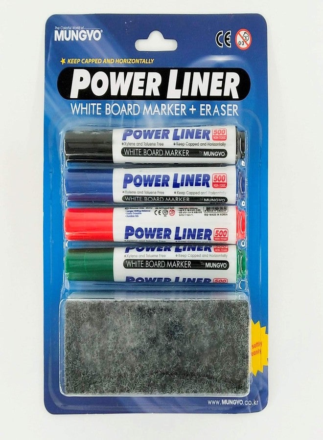 Mungyo Non-Toxic White Board Marker with Erasr - Black1,green1,blue1,red1 - Mungyo Power Liner White Board Marker with Duster - Pack of 4 Markers with Duster